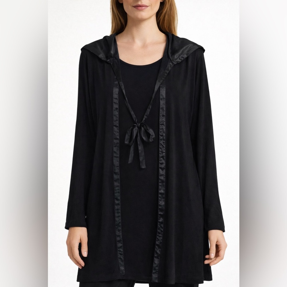 PJ Harlow Black Satin Trimmed Lounge Robe Cardigan Hoodie Tie Front Women’s M